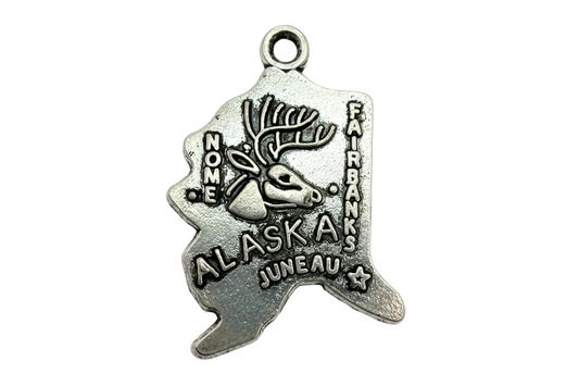 Antiqued silver-tone Alaska state map charm with raised moose and city names