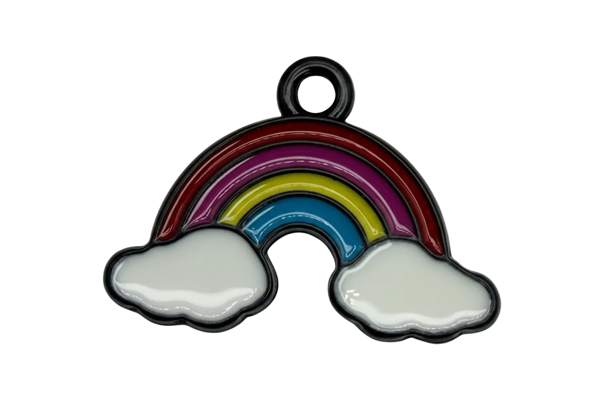 Glossy enamel rainbow with white clouds and dark outline, red purple yellow and blue bands
