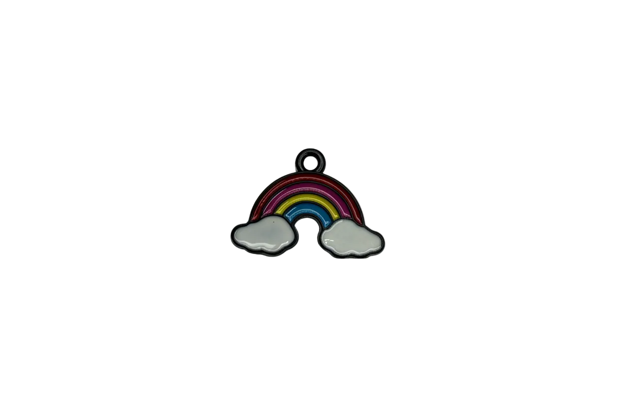 Enamel rainbow with white clouds and dark outline