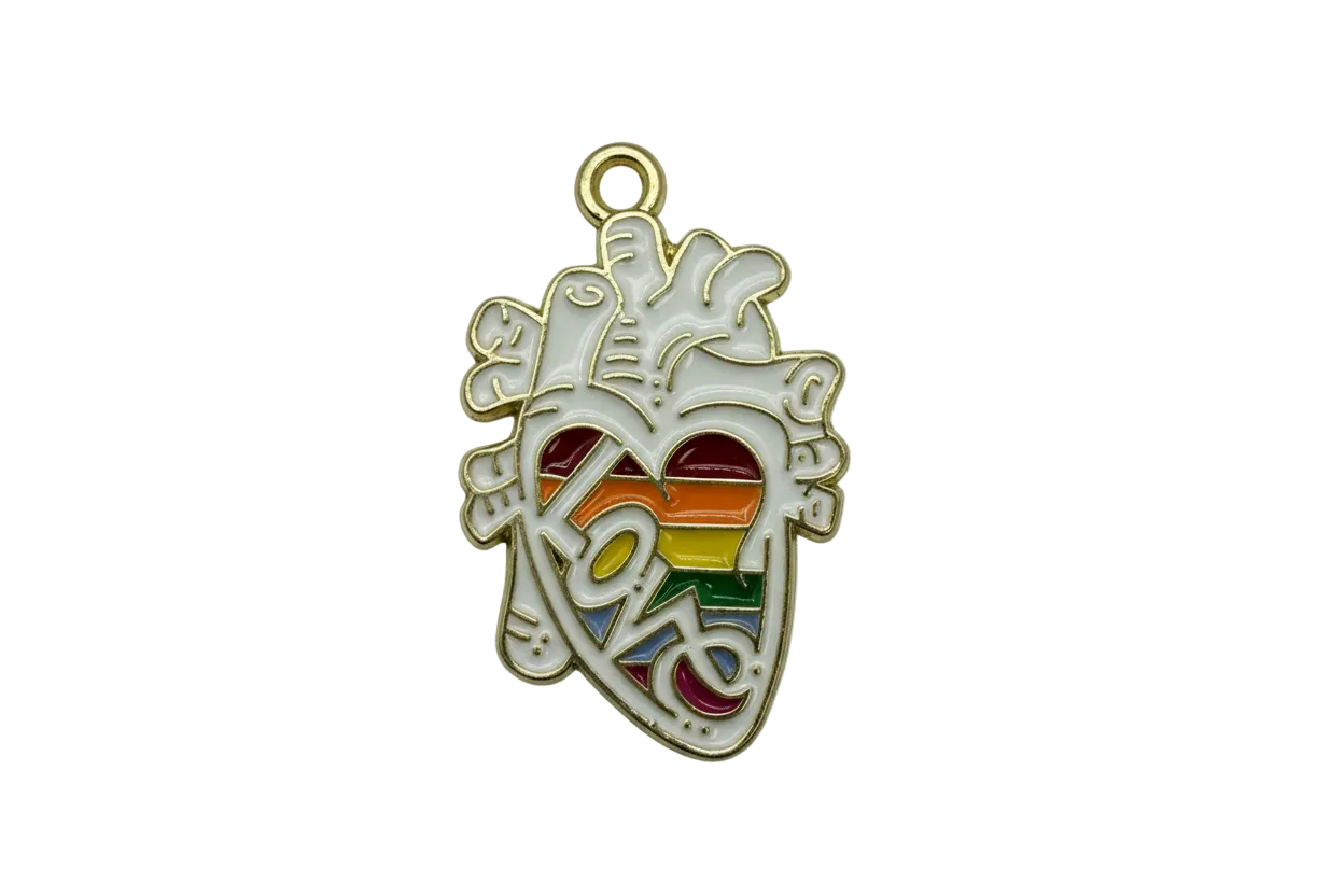 Gold-tone anatomical heart charm with pale gray enamel, rainbow stripes, and bold LOVE lettering