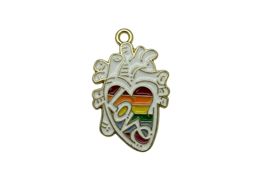 Gold-tone anatomical heart charm with pale gray enamel, rainbow stripes, and bold LOVE lettering