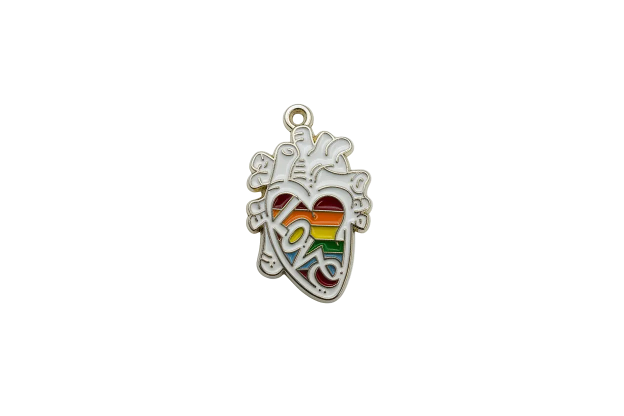 Anatomical heart with gray enamel, rainbow stripes, and LOVE lettering