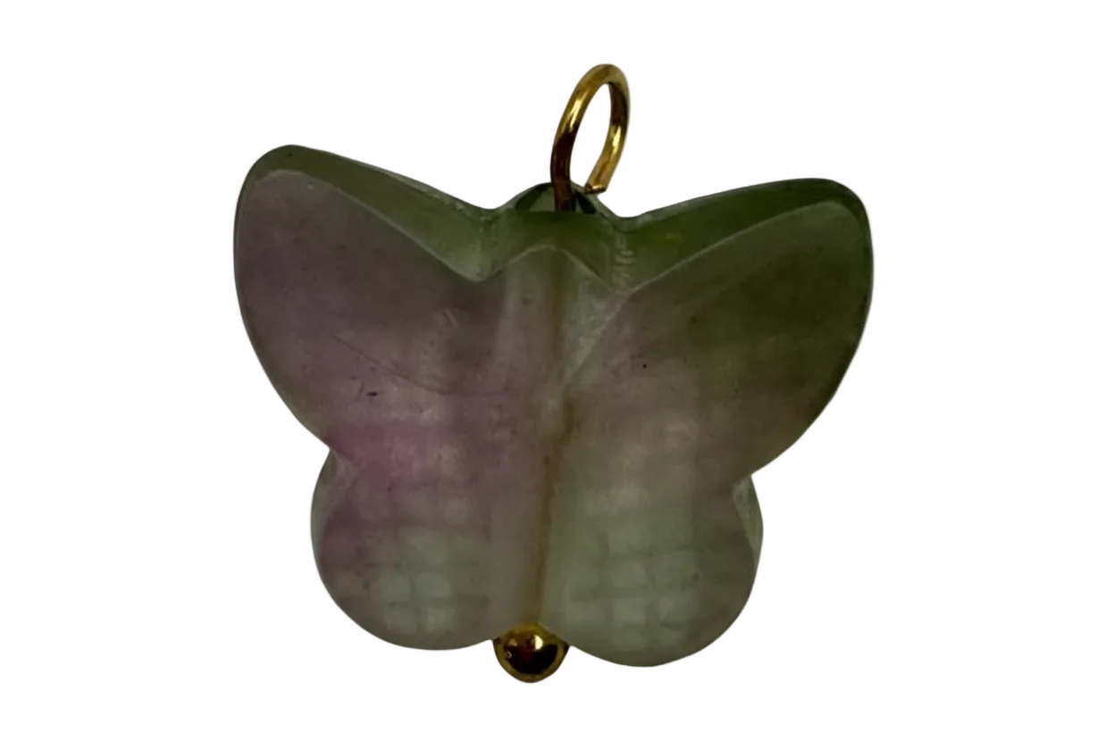 Pastel pink and ivory butterfly charm with sage-green top and gold accents
