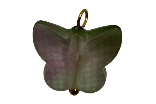 Pastel pink and ivory butterfly charm with sage-green top and gold accents