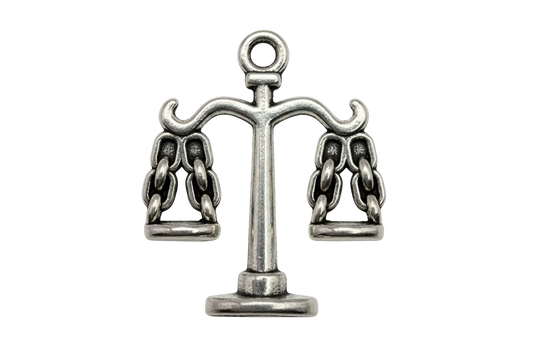Antique silver balance scale motif with chain-hung trays
