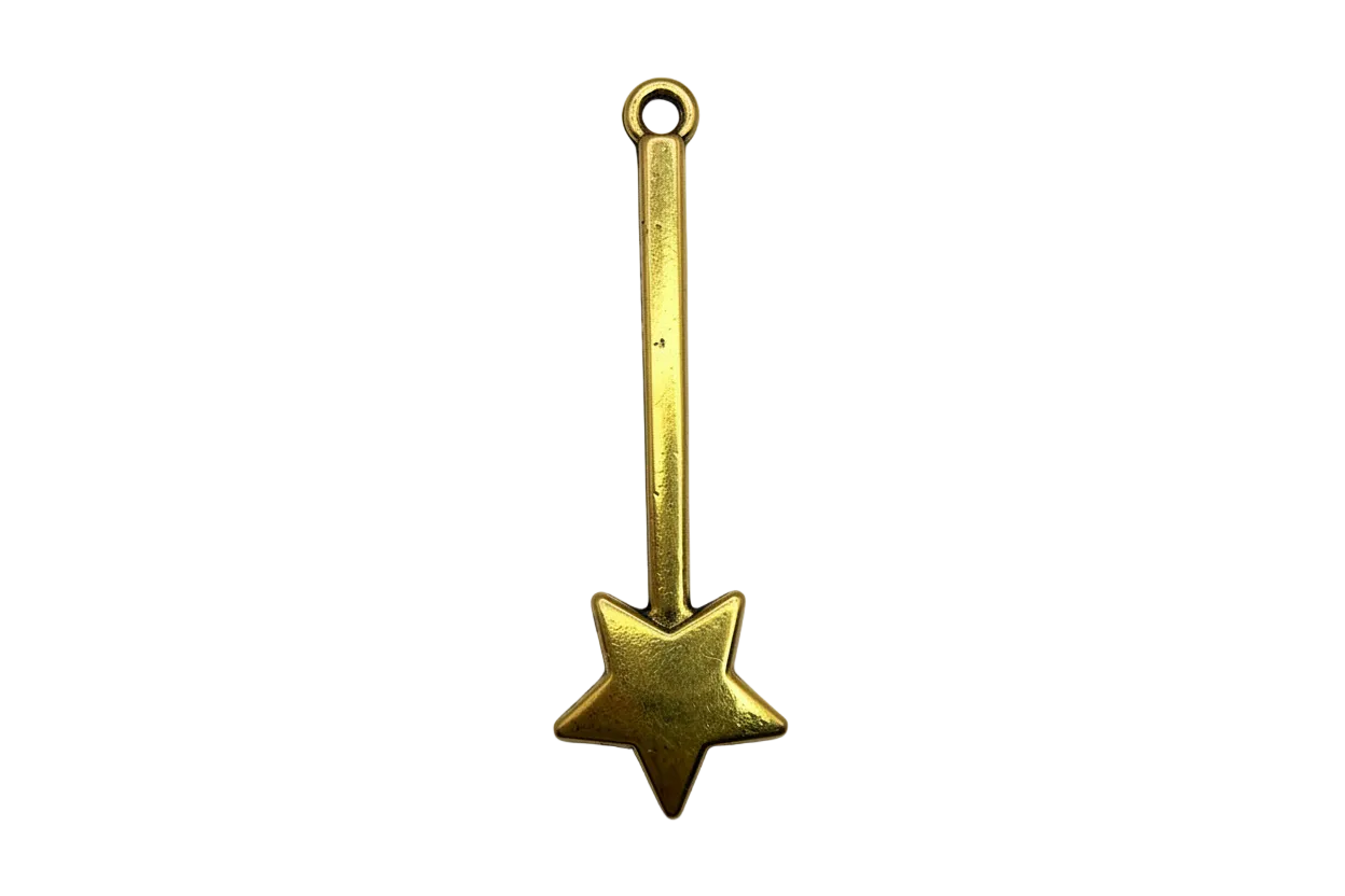 Gold star wand charm with long bar and five-point star tip on black background