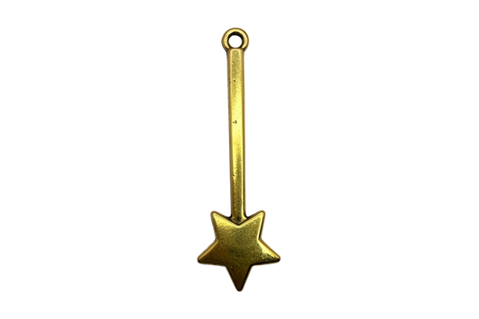 Gold star wand charm with long bar and five-point star tip on black background