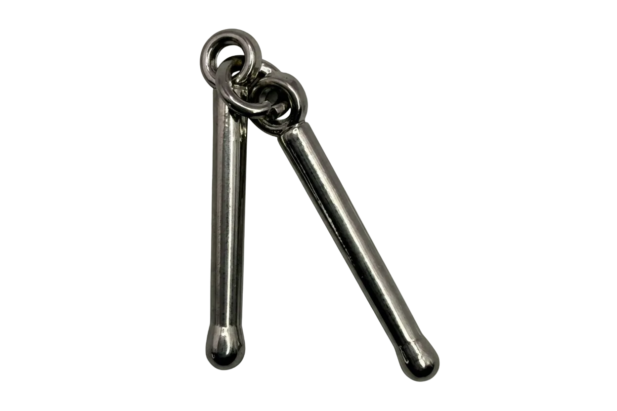 Polished silver nunchaku motif with two smooth rods connected at the top