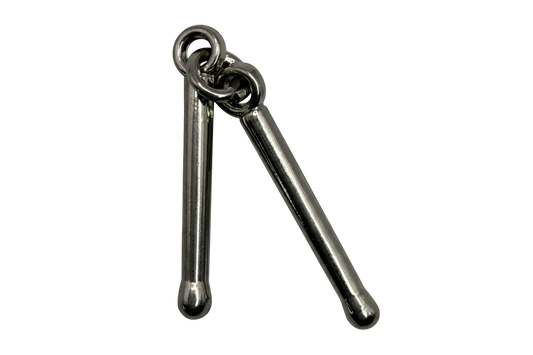 Polished silver nunchaku motif with two smooth rods connected at the top