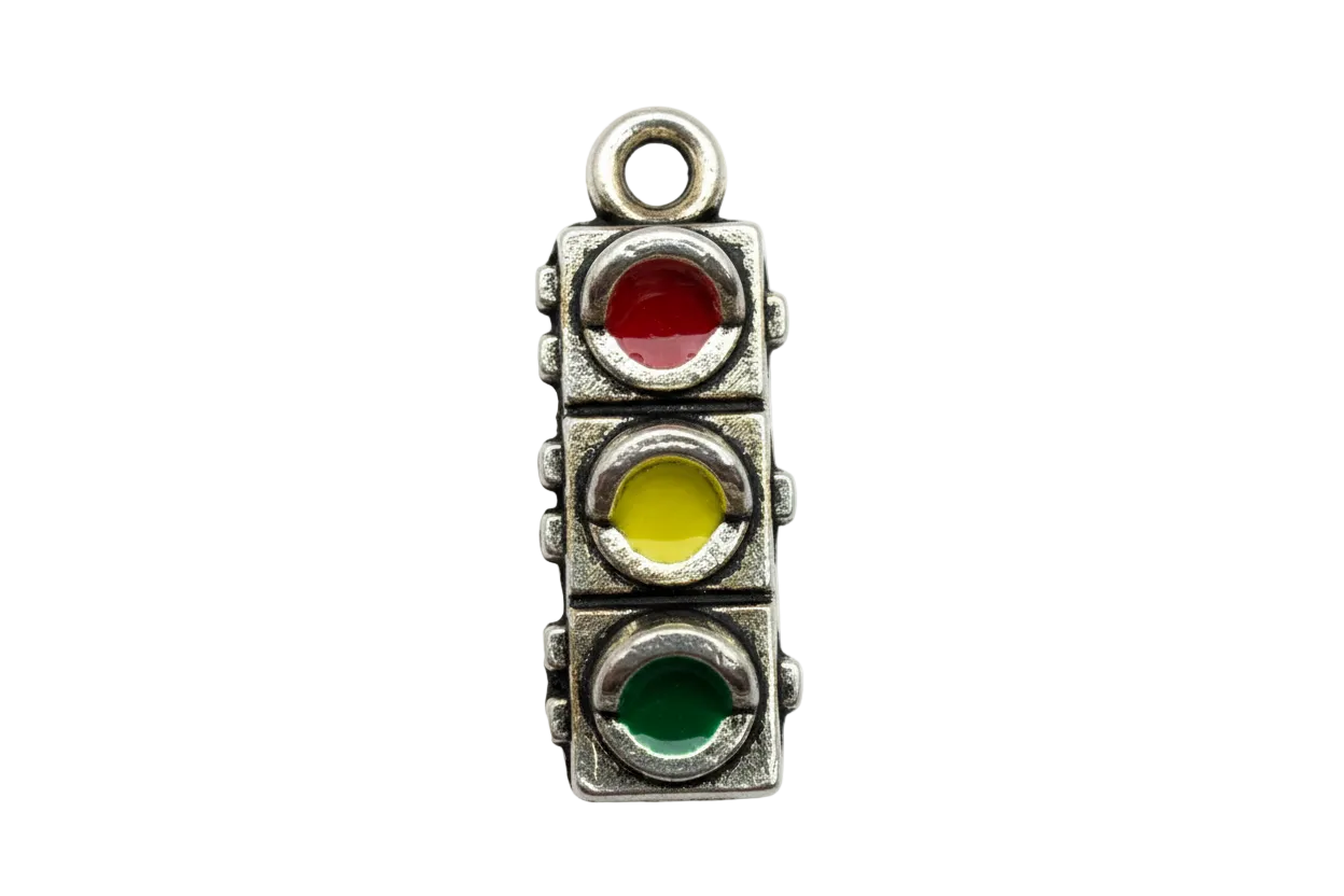 Mini traffic light charm in oxidized silver-tone metal with red, yellow, and green enamel lenses