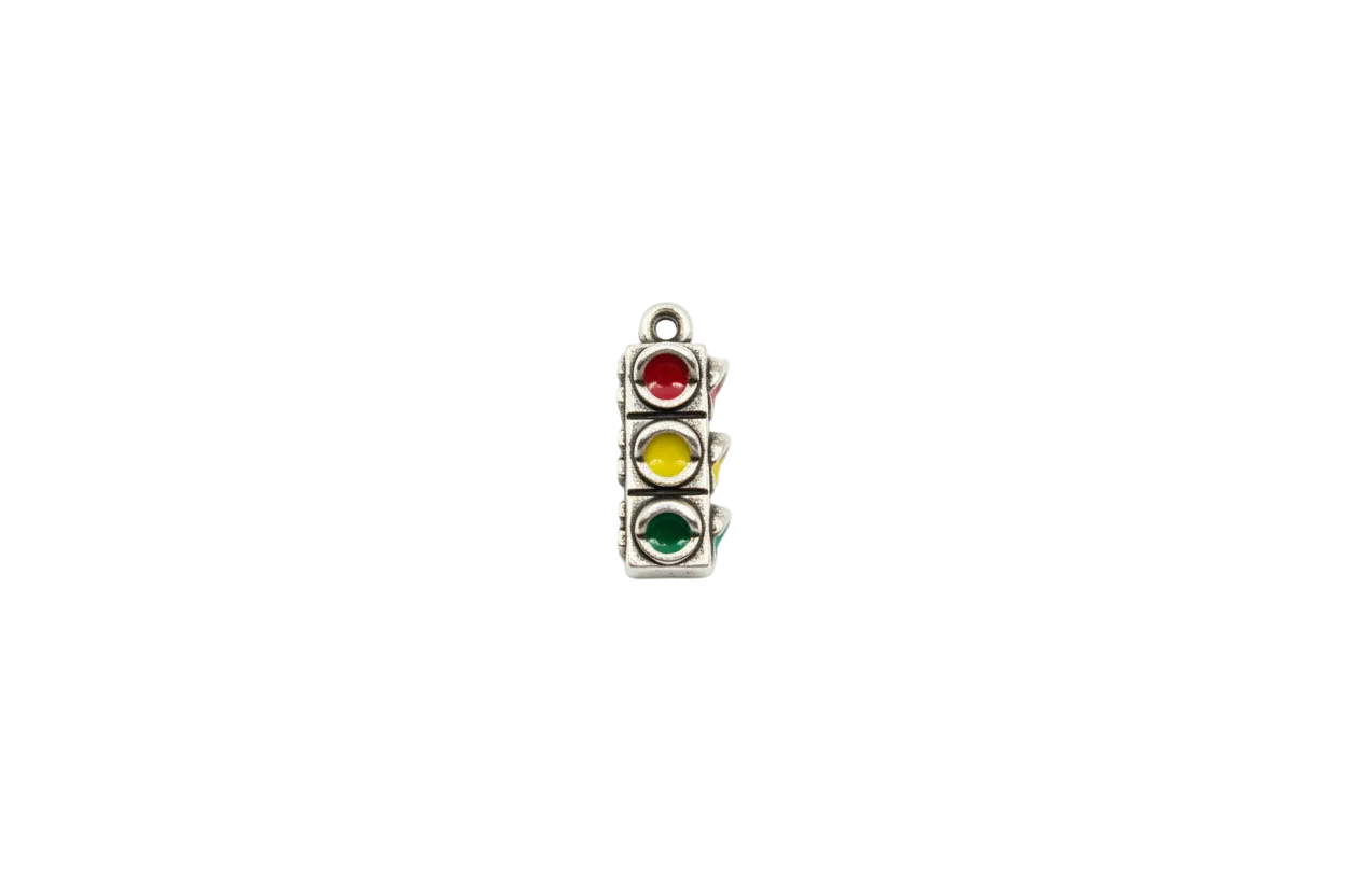 Mini traffic light in oxidized silver-tone with red, yellow, green enamel