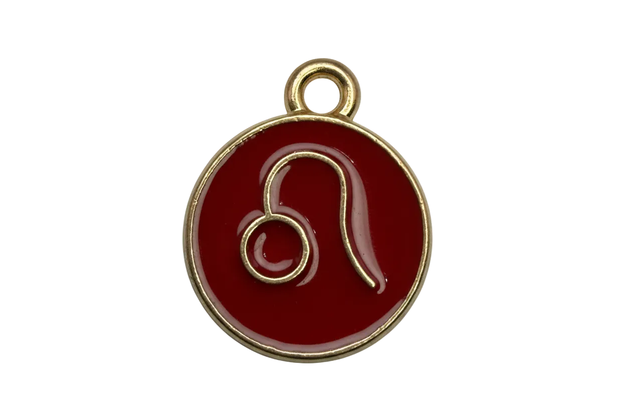 Round red enamel medallion with gold outline and stylized letter A
