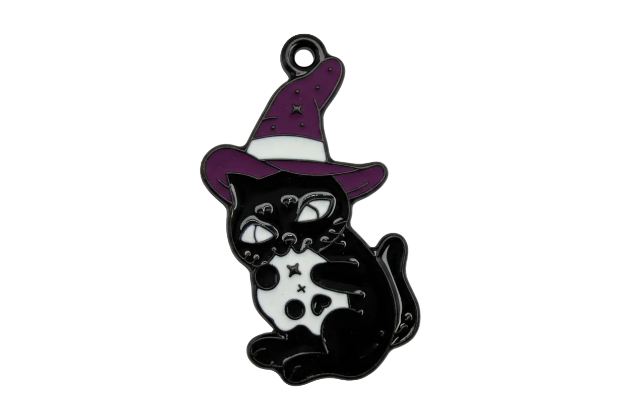 Black cat with white belly wearing a purple witch hat, glossy enamel-style finish