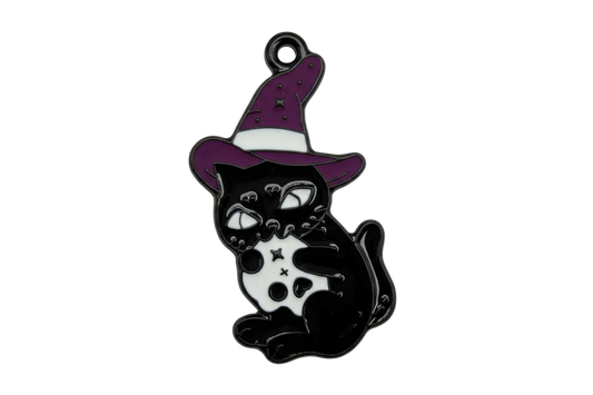 Black cat with white belly wearing a purple witch hat, glossy enamel-style finish
