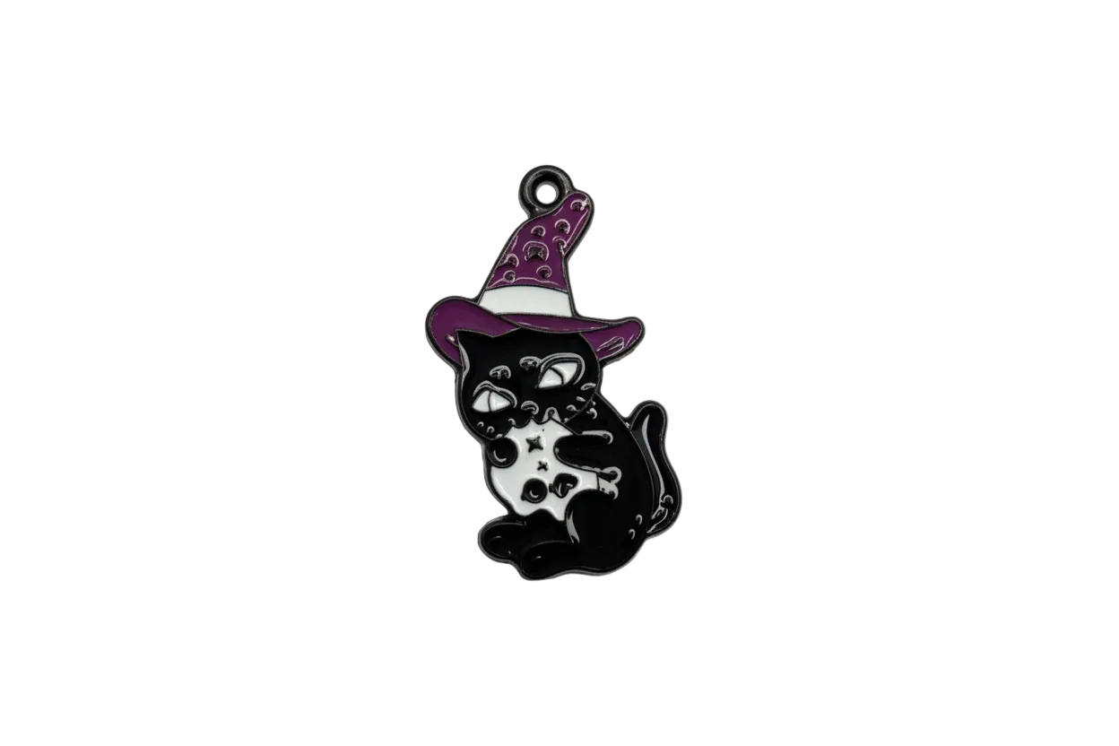 Black cat in purple witch hat, glossy enamel-style finish