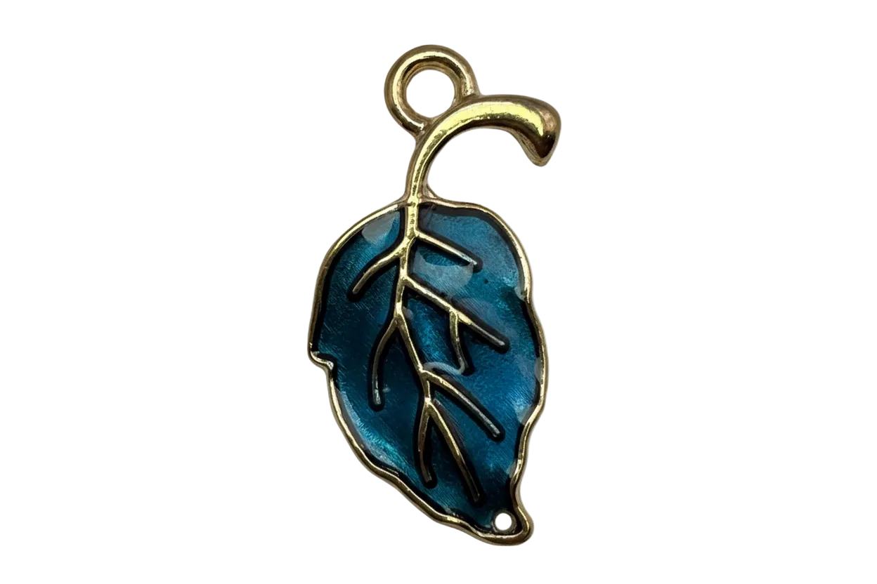 Gold-toned leaf charm with deep blue glossy enamel and raised vein details