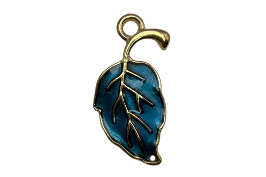 Gold-toned leaf charm with deep blue glossy enamel and raised vein details