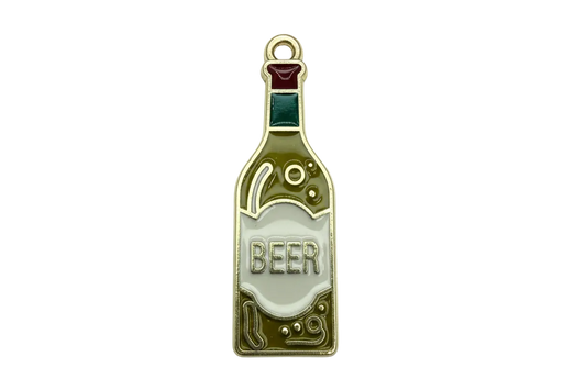 Gold beer bottle charm with amber enamel, white label, and raised beer lettering