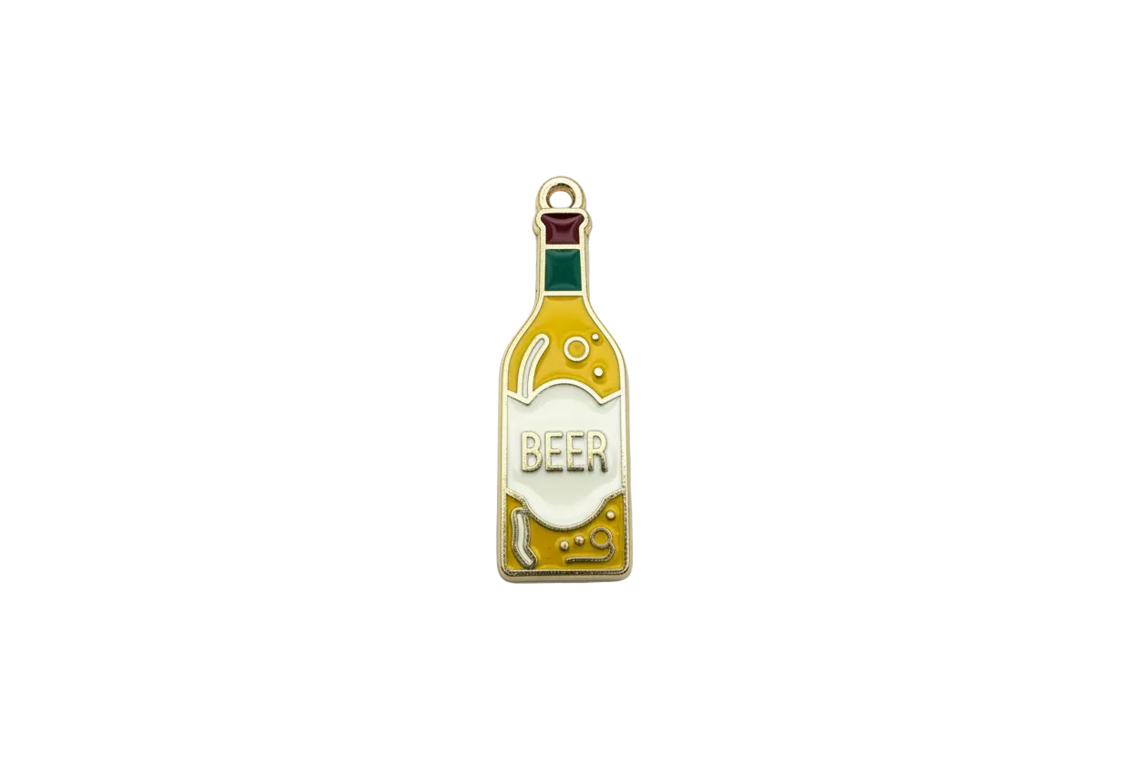 Gold beer bottle with amber enamel and white label lettering