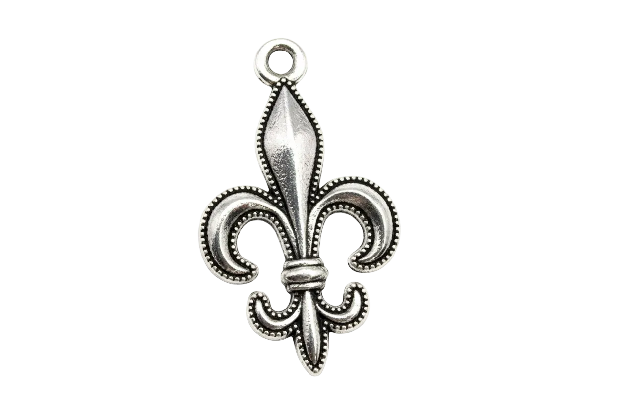 Ornate antique silver fleur-de-lis emblem with beaded edging and oxidized details