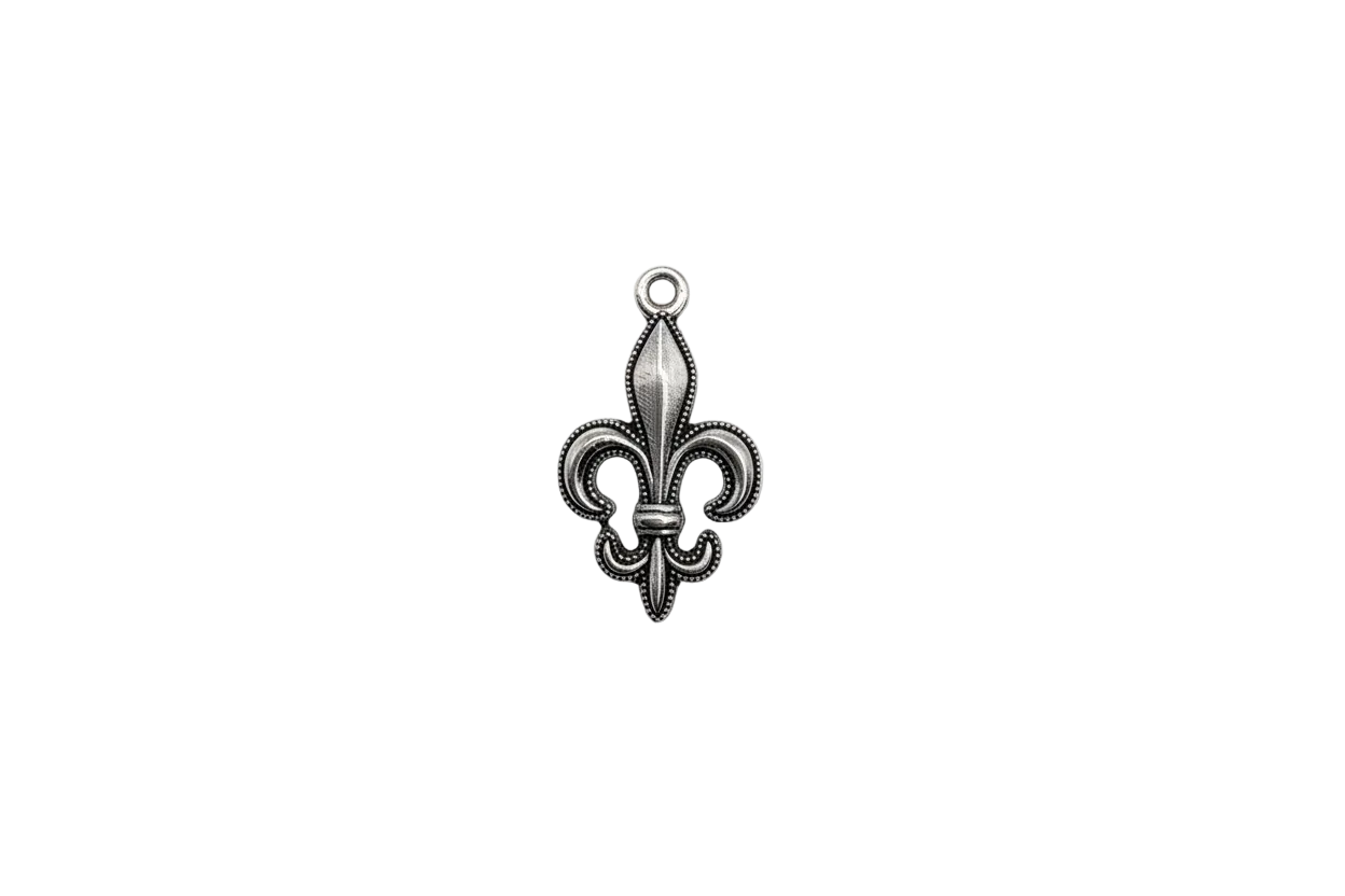 Antique silver fleur-de-lis emblem with beaded edging
