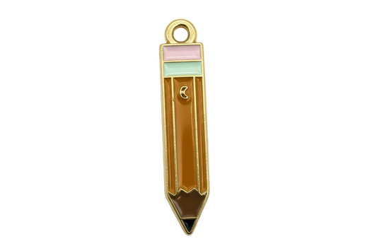Gold-tone pencil pendant with yellow enamel body, pink eraser, and dark tip