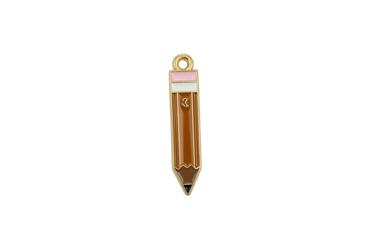 Gold pencil pendant with yellow enamel and pink eraser