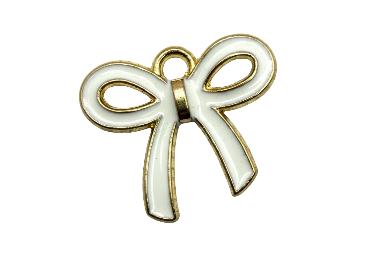 Glossy white enamel bow with gold outline