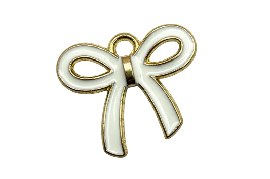 Glossy white enamel bow with gold outline