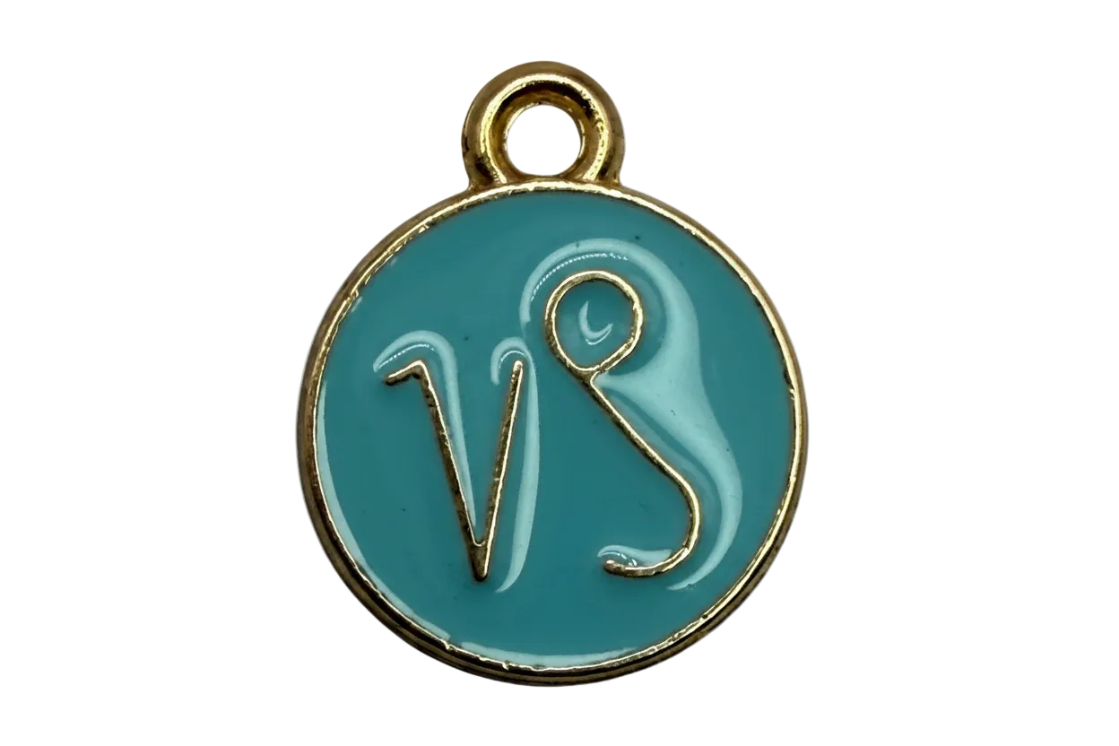Teal enamel round disc with gold VS monogram lettering and gold rim