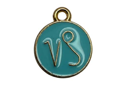 Teal enamel round disc with gold VS monogram lettering and gold rim