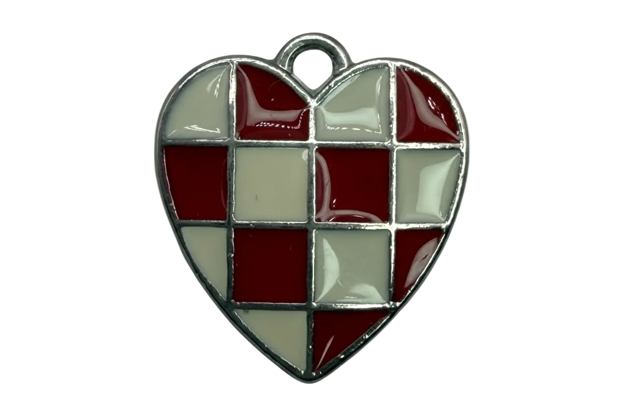 Red and cream checkerboard enamel heart with polished silver outline