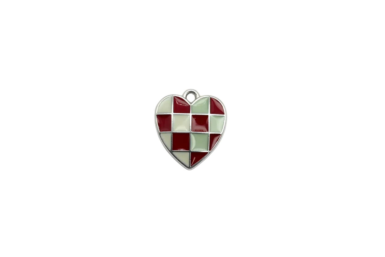 Checkerboard enamel heart in red and cream, silver outline