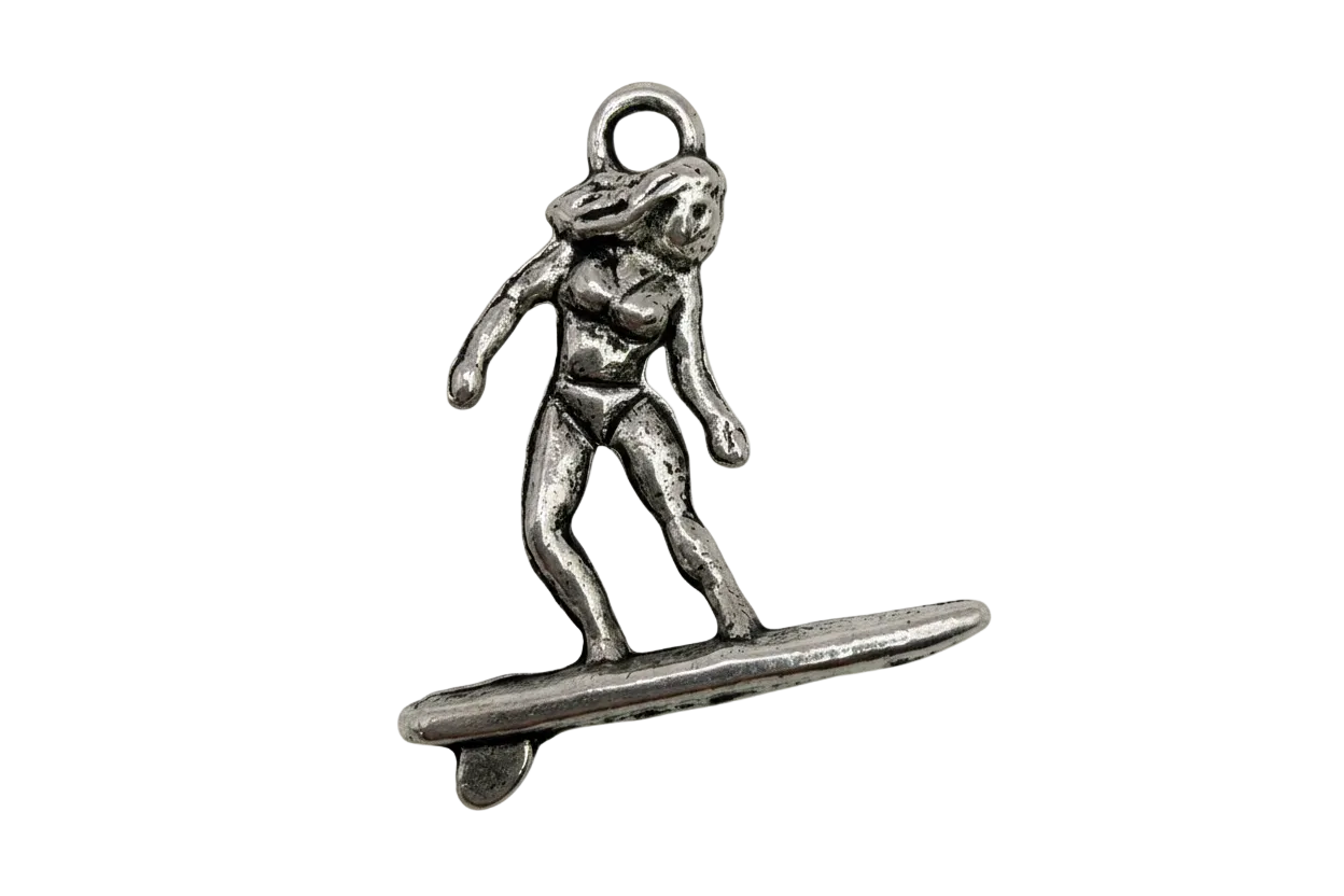 Oxidized silver surfer figure standing on a surfboard pendant