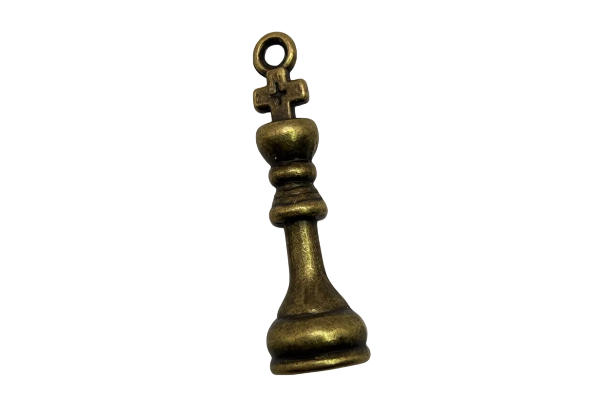 Antiqued gold chess king piece pendant with cross-topped crown and vintage patina