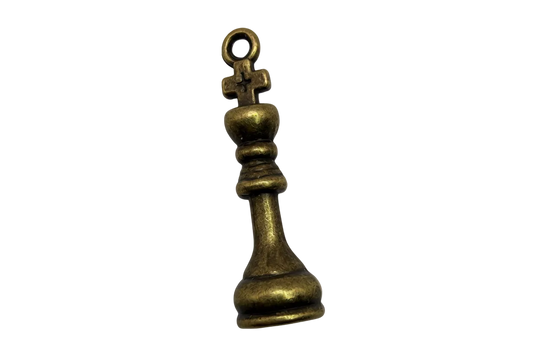 Antiqued gold chess king piece pendant with cross-topped crown and vintage patina