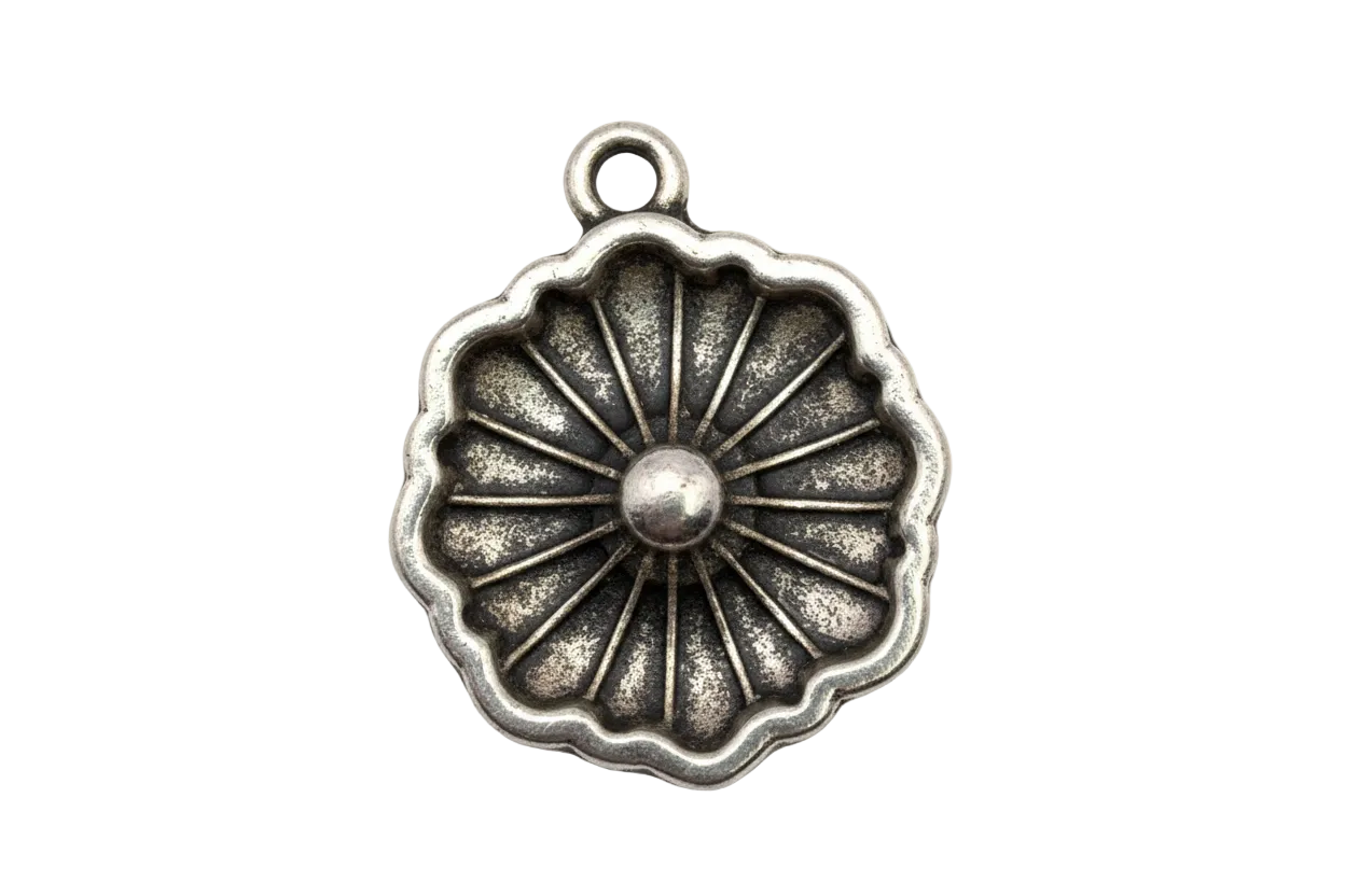 Antique silver floral rosette medallion with scalloped edge and oxidized details