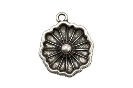 Antique silver floral rosette medallion with scalloped edge and oxidized details