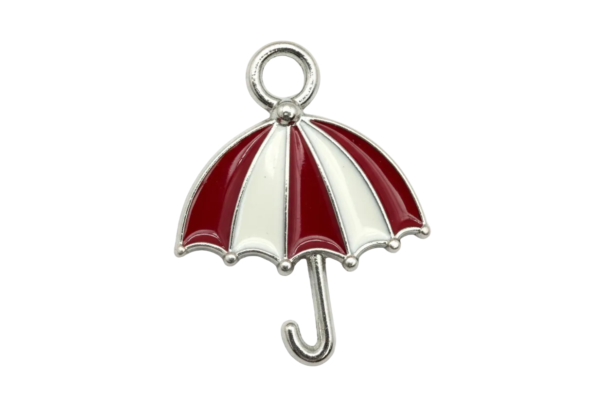 Red and white enamel umbrella with silver outline and hook handle
