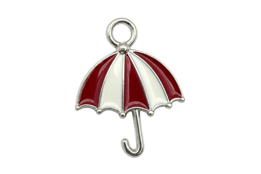 Red and white enamel umbrella with silver outline and hook handle