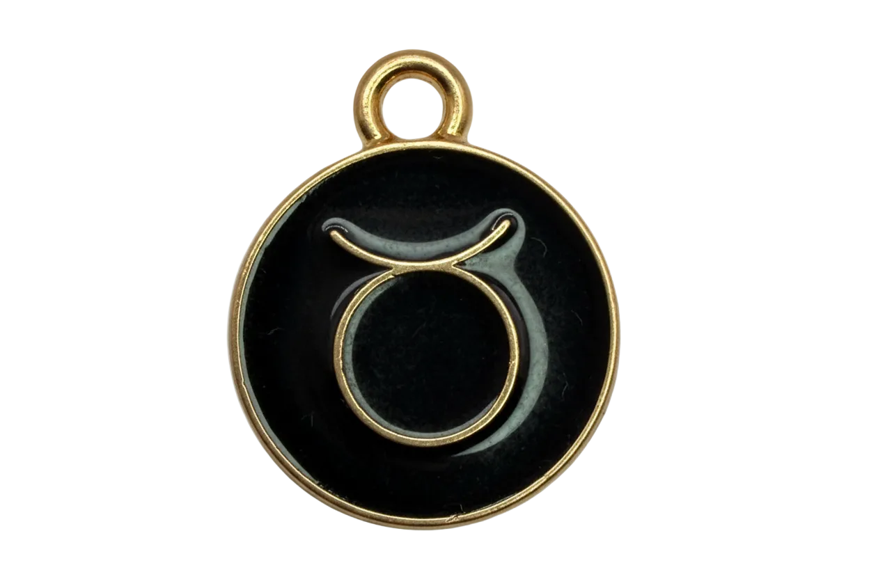 Round black enamel Taurus zodiac disc with gold outline and symbol
