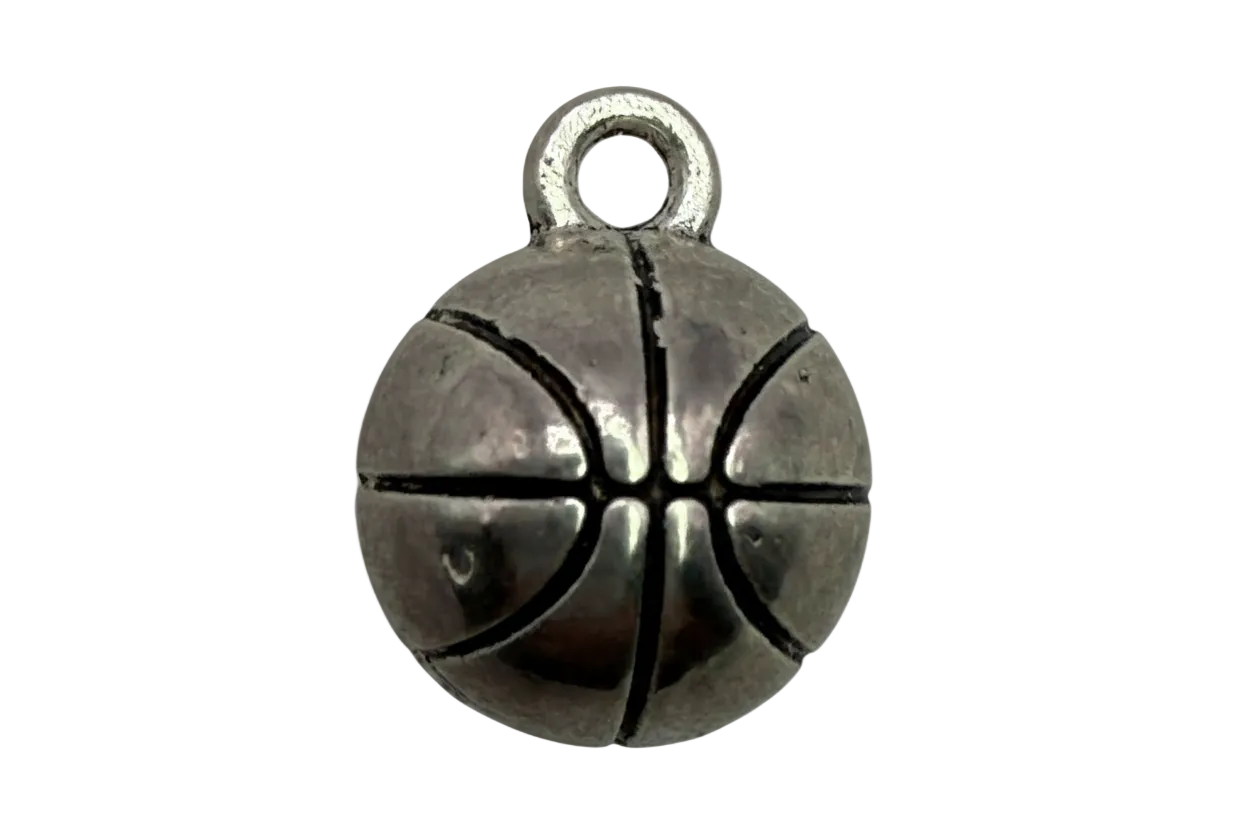 Silver basketball medallion with oxidized grooves and polished highlights
