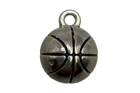 Silver basketball medallion with oxidized grooves and polished highlights