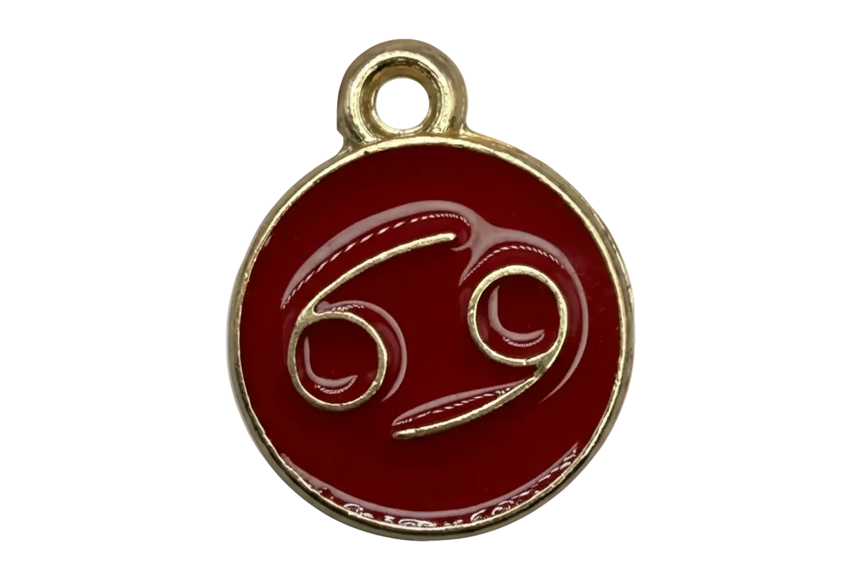 Deep red enamel round coin with Cancer zodiac symbol in gold outline