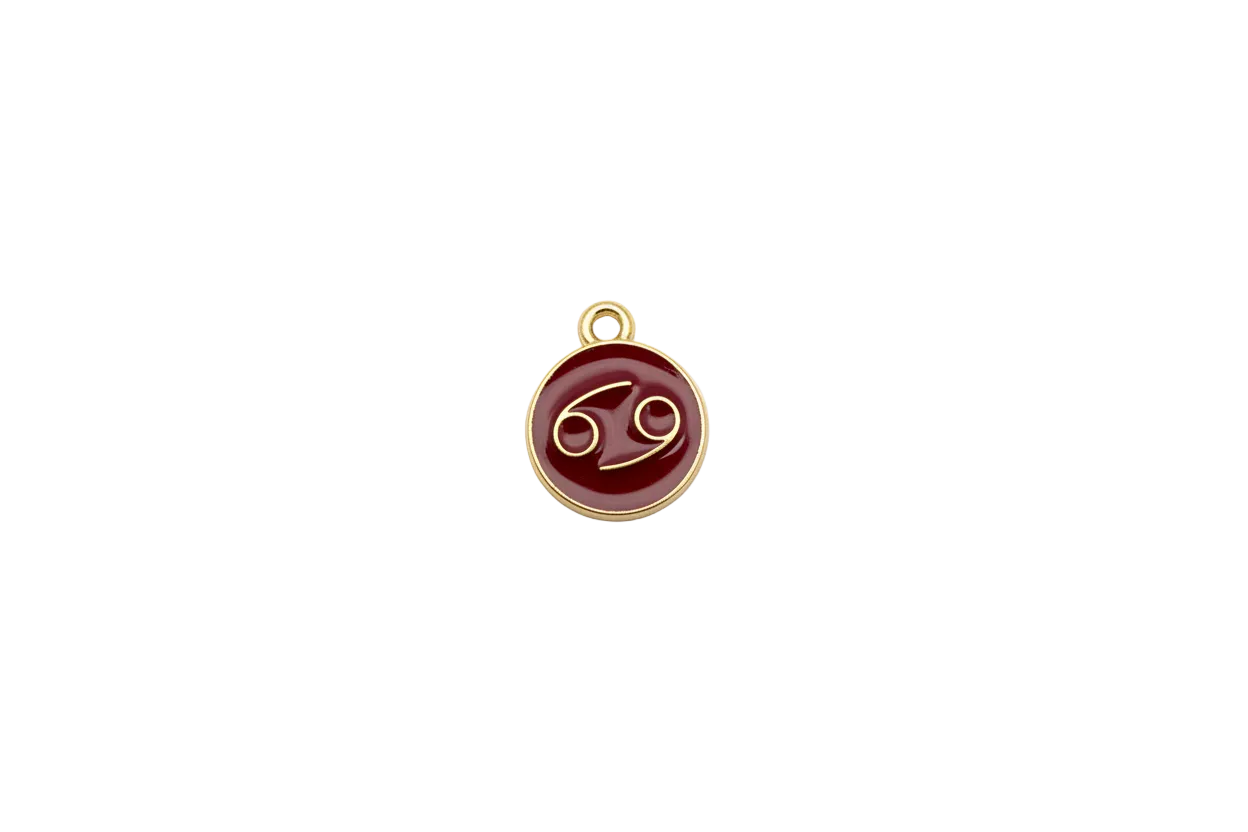 Red enamel Cancer zodiac coin with gold outline
