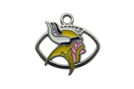 Silver-tone horned helmet emblem with yellow, white, navy, and pink enamel in an open oval frame