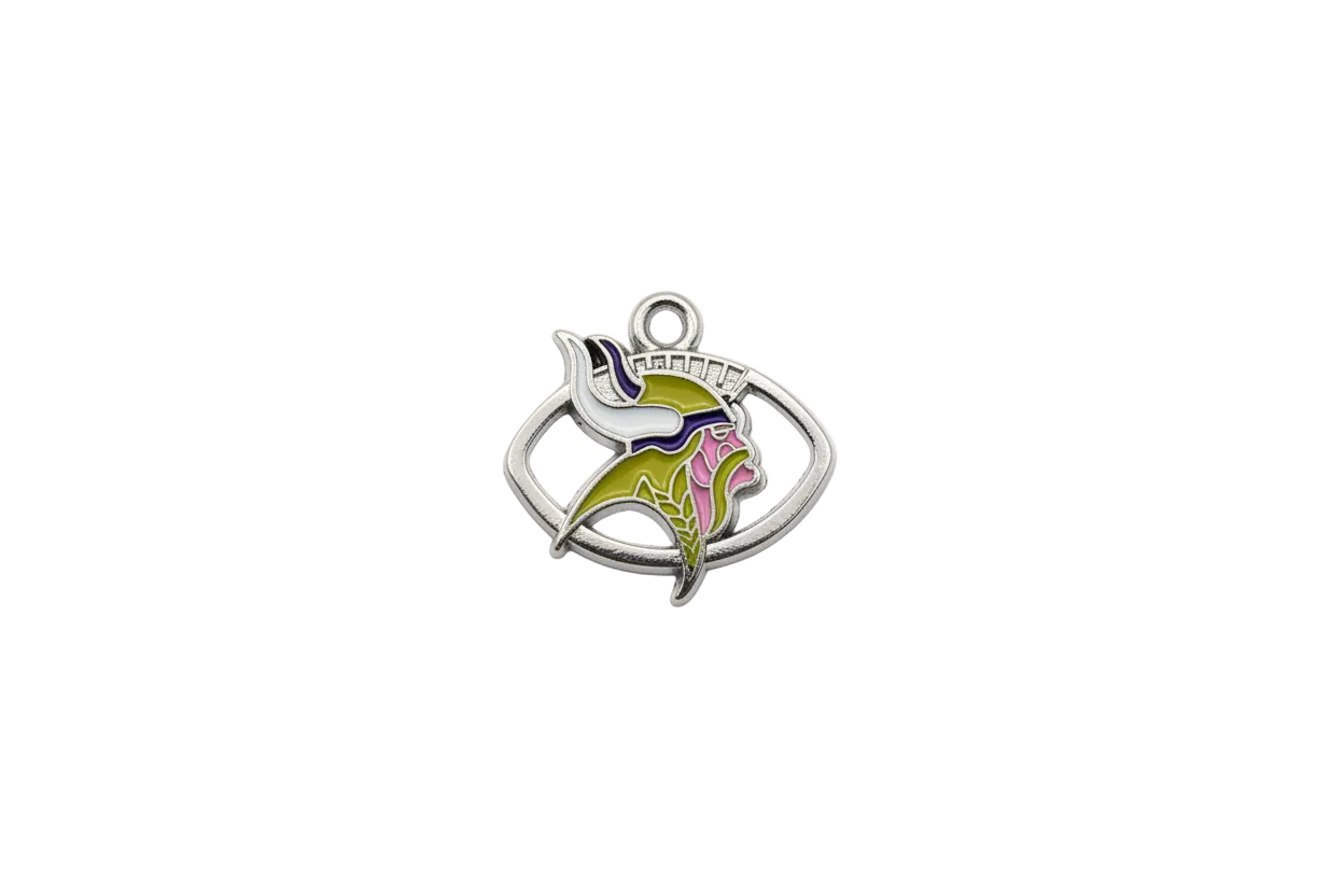 Silver horned helmet emblem with yellow, navy, white, and pink enamel