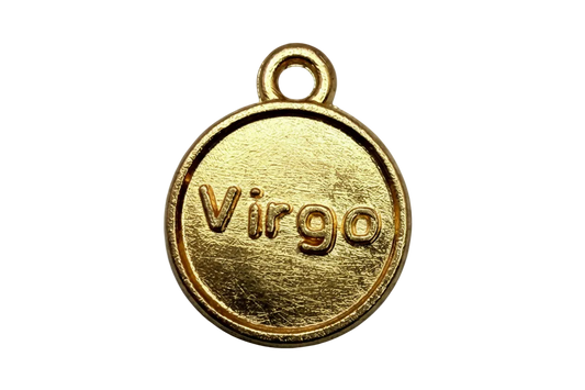 Round gold disc charm with raised Virgo lettering and brushed finish