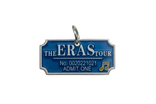 Glossy blue concert ticket with white lettering and a small gold music note detail