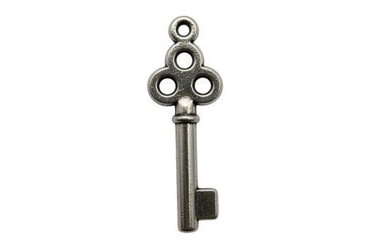 Antique-style silver key pendant with ornate clover-like bow on black background